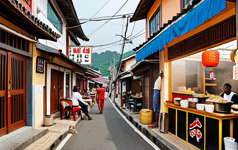 **

*   Prompt: A vibrant street scene in Malabo, Equatorial Guinea, showcasing a small Korean restaurant bustling with locals enjoying kimchi and bibimbap alongside traditional Guinean cuisine. The atmosphere should highlight the fusion of Korean and local flavors.

**