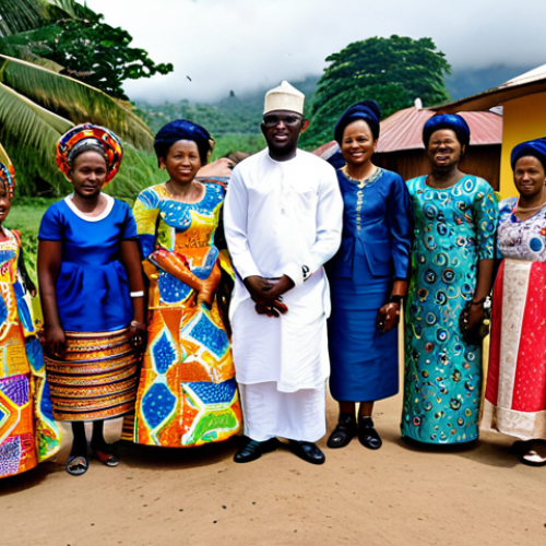 Home 9 Engagement Ritual**
"A formal engagement ceremony in Equatorial Guinea. A fully clothed groom, dressed in traditional attire, presents gifts to the bride's family. The bride's family is dressed in colorful, modest clothing. Background: a village setting with traditional houses. Perfect anatomy, correct proportions, natural pose, well-formed hands, proper finger count, safe for work, appropriate content, fully clothed, professional, modest, family-friendly."
**