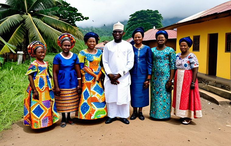 Engagement Ritual**

"A formal engagement ceremony in Equatorial Guinea. A fully clothed groom, dressed in traditional attire, presents gifts to the bride's family.  The bride's family is dressed in colorful, modest clothing. Background: a village setting with traditional houses. Perfect anatomy, correct proportions, natural pose, well-formed hands, proper finger count, safe for work, appropriate content, fully clothed, professional, modest, family-friendly."

**